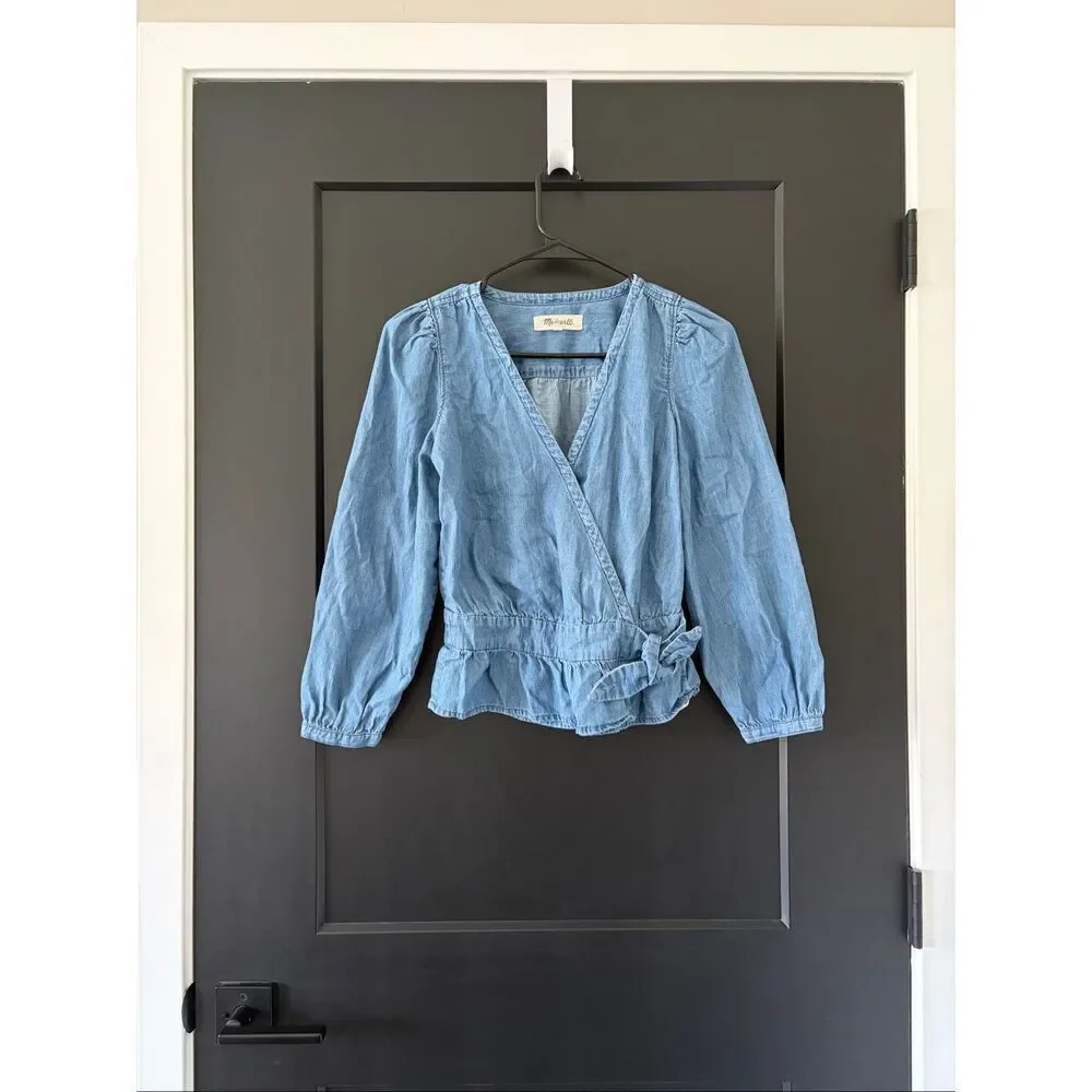 Madewell Denim Puff-Sleeve Peplum Wrap Size XS